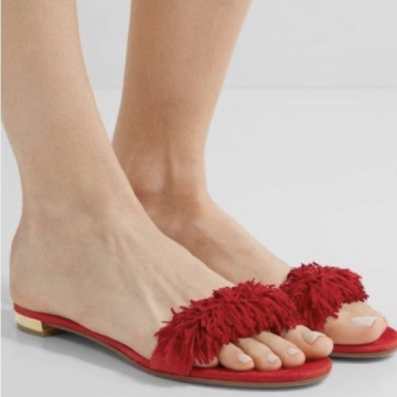 AQUAZURRA Wild Thing Suede Fringe Flat Slide Sandal Lipstick Red - Picture 2 of 9